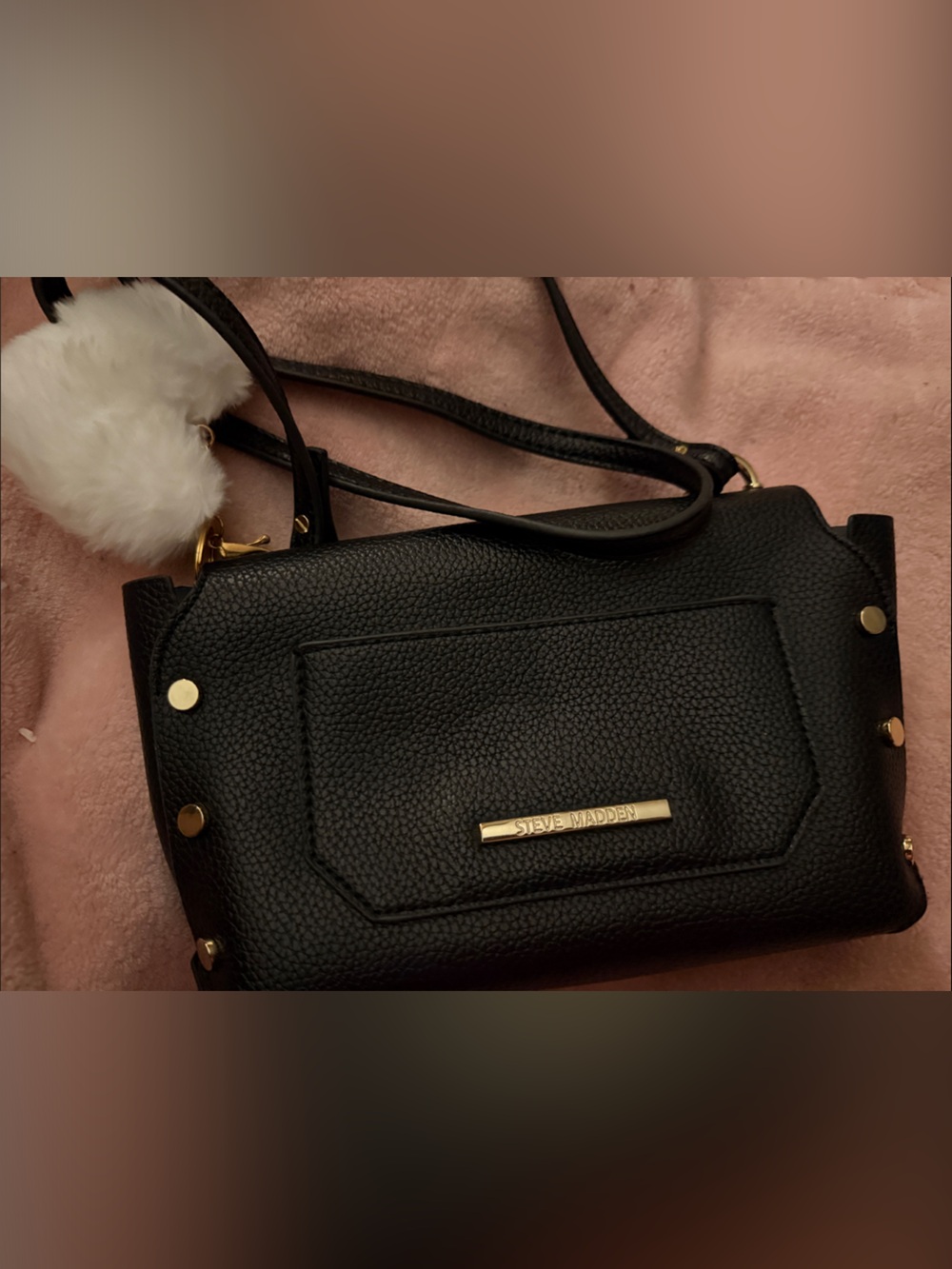 Steve Madden Black Pebbled Crossbody with Pom Charm and Gold Accents